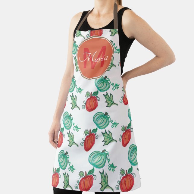 Fall Leaves and Pumpkin Watercolor Monogram Apron (Insitu)