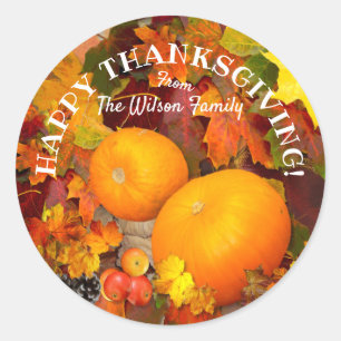Fall leaves and  pumpkins Happy Thanksgiving Classic Round Sticker