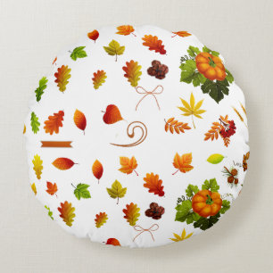 Fall Leaves and Pumpkins Round Cushion
