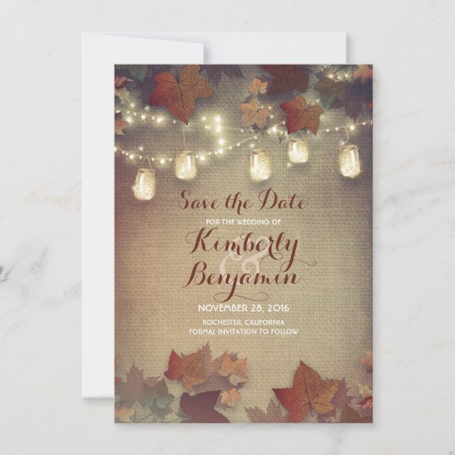 Fall Leaves and Rustic Mason Jars Save the Date (Front)