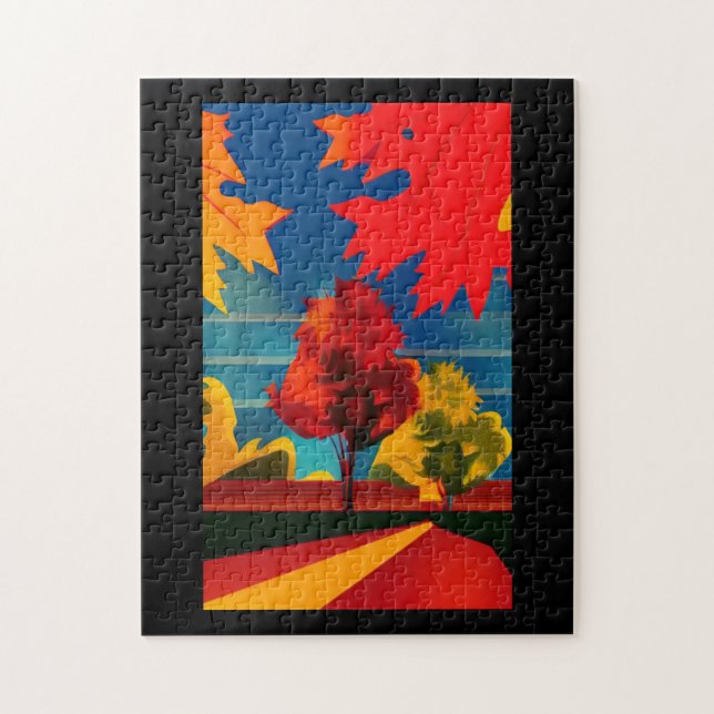 Fall leaves and trees retro postcard style art jigsaw puzzle (Vertical)