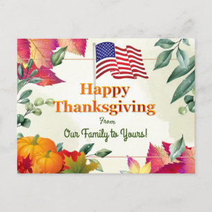 Fall Leaves and US Flag Family Thanksgiving Holiday Postcard