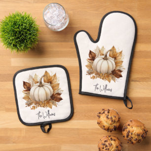 Fall Leaves and White Pumpkin Oven Mitt & Pot Holder Set