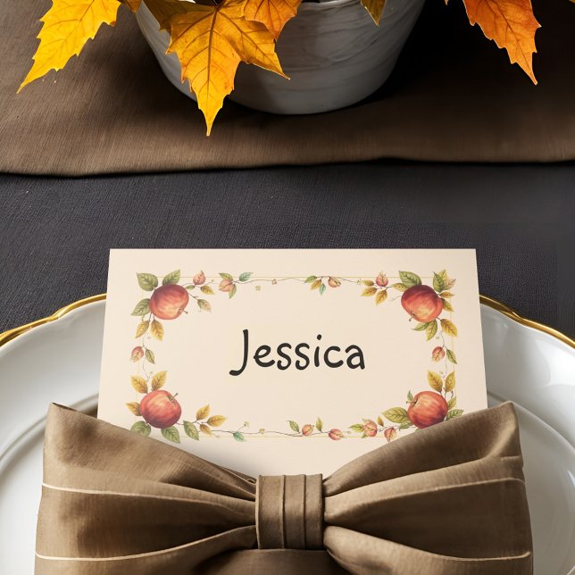 Fall Leaves & Apples Friendsgiving Dinner Table Place Card (Charming Friendsgiving place cards with Fall leaves, vines and harvest apples for dinner guests.)