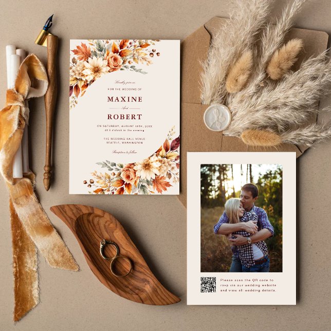 Fall Leaves Autumn Botanical QR Code Photo Wedding Invitation (Fall leaves QR code photo invitation lets guests share in your autumn love story.)