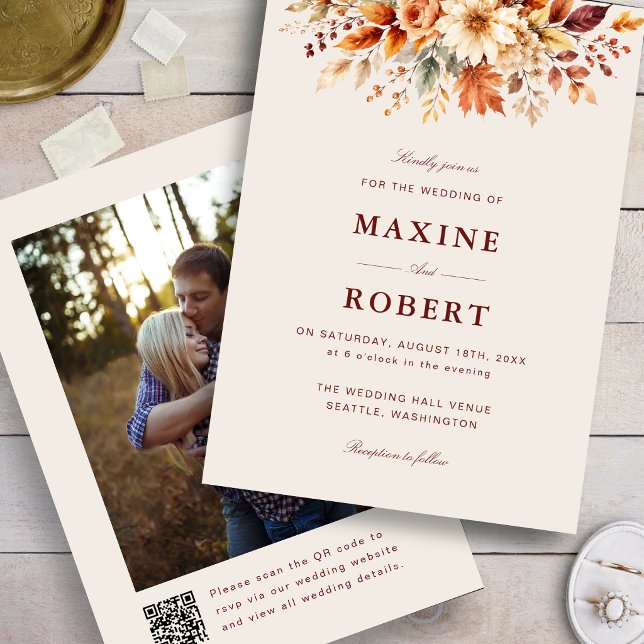 Fall Leaves Autumn Botanical QR Code Photo Wedding Invitation (Fall leaves QR code photo invitation keeps loved ones connected in autumn style.)