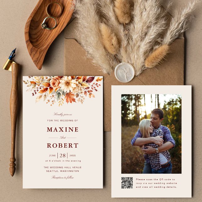 Fall Leaves Autumn Botanical QR Code Photo Wedding Invitation (Fall leaves QR code photo invitation blends autumn beauty with your love story.)