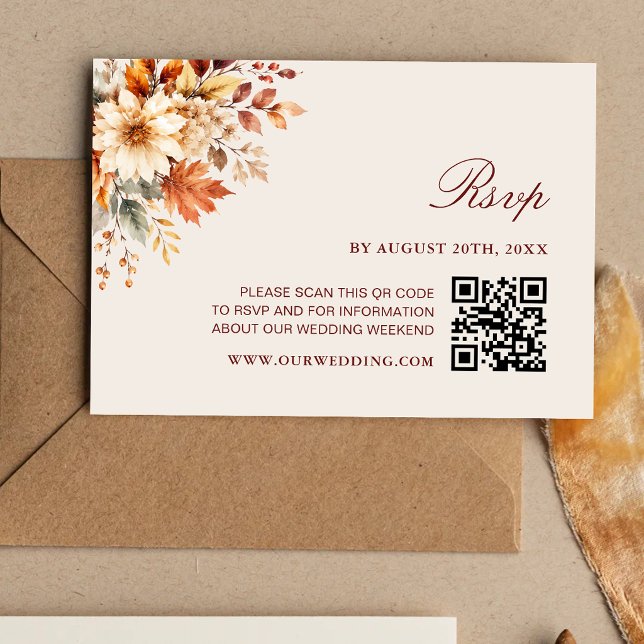 Fall Leaves Autumn Botanical QR Code Wedding RSVP Card (Fall leaves autumn botanical QR code wedding RSVP card with warm autumn charm.)