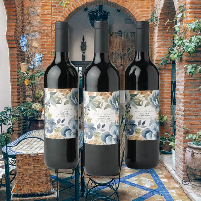 Fall Leaves Autumn Floral Blue Modern Wedding Wine Label (Creator Uploaded)