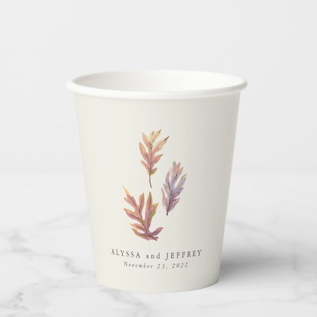 Fall leaves autumn wedding personalised plum paper cups (Front)
