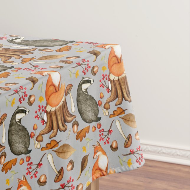 Fall Leaves Badger & Fox Pattern Tablecloth (In Situ)