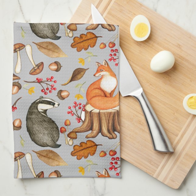 Fall Leaves Badger & Fox  Tea Towel (Quarter Fold)