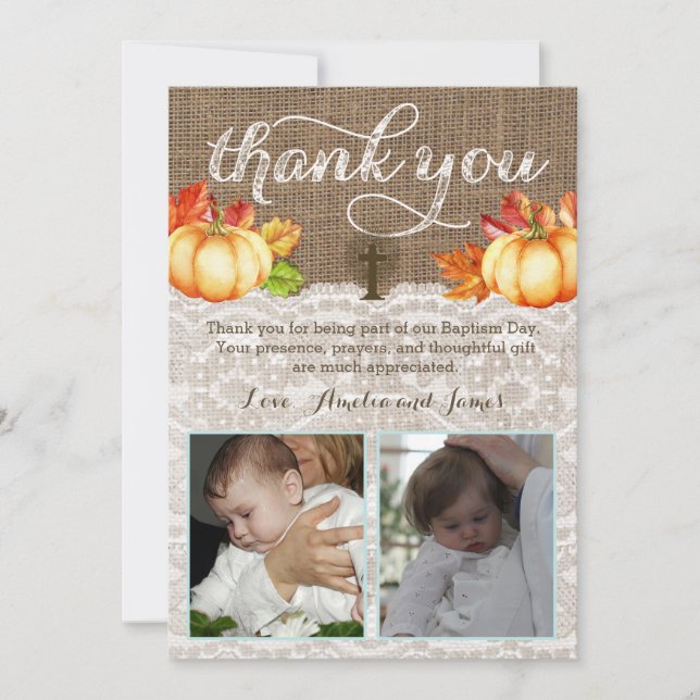 Fall Leaves Baptism Thank You for boy girl Twins Card (Front)