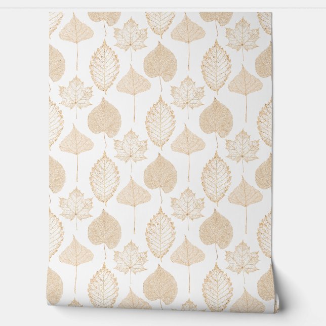 Fall Leaves Beige White Wallpaper (Unrolling)