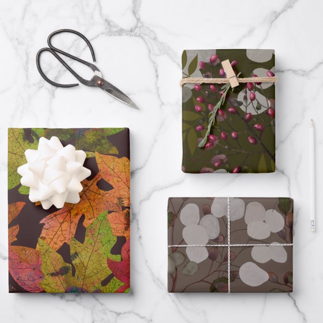 Fall Leaves, Berries and Foliage Wrapping Paper Sheet (Front)
