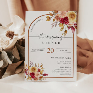Fall Leaves Boho Arch Pumpkin Thanksgiving Dinner  Invitation