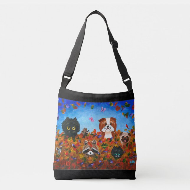 Fall Leaves Cats Dog Racoon Art Crossbody Bag (Front)