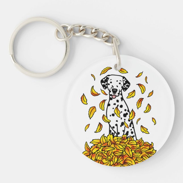 Fall Leaves Dalmatian (black 1) Dog Playing Cute Key Ring (Front)