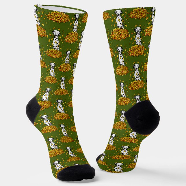 Fall Leaves Dalmatian (black 1) Dog Playing Cute Socks (Angled)