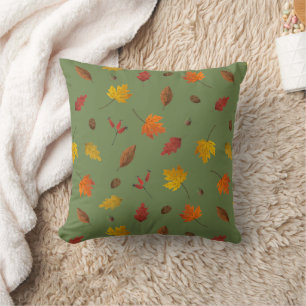 Fall Leaves Dark Green Throw Pillow