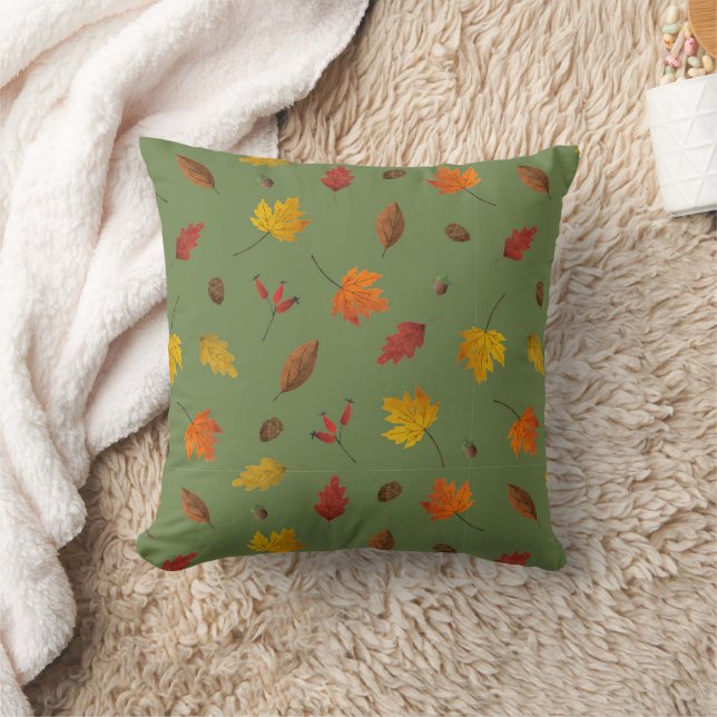 Fall Leaves Dark Green Throw Pillow (Blanket)