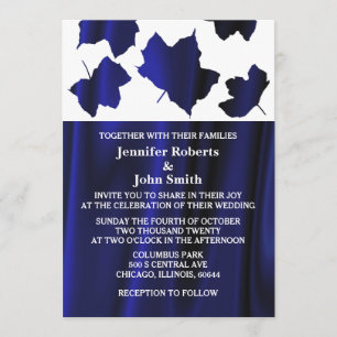 Fall Leaves Deep Blue Satin White Unique Wedding Invitation
