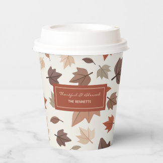 Fall Leaves Family Name Thankful Blessed Paper Cups