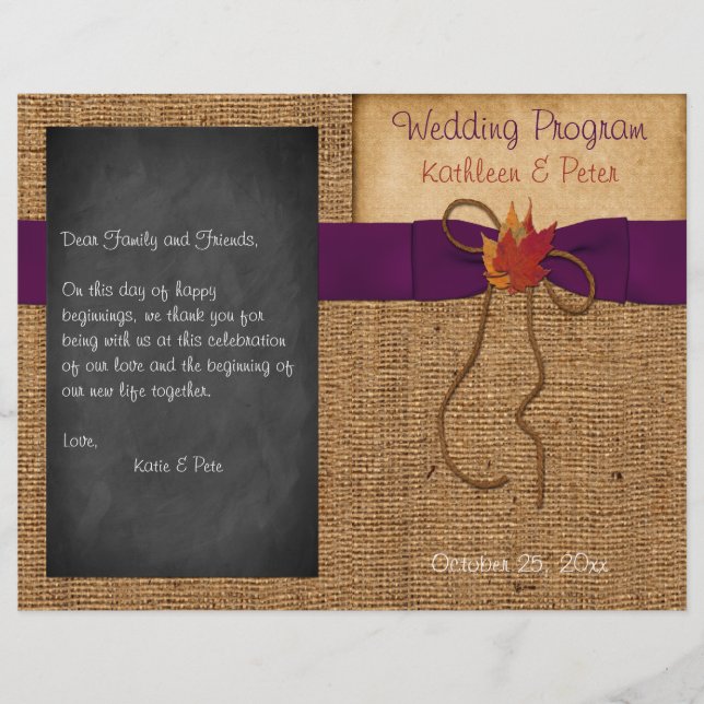 Fall Leaves FAUX Burlap Chalkboard Wedding Program (Front)