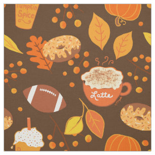 Fall Leaves Football and Pumpkin Spice Pattern Fabric