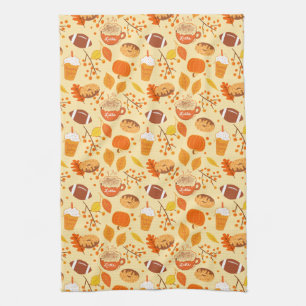 Fall Leaves Football and Pumpkin Spice Pattern Tea Towel