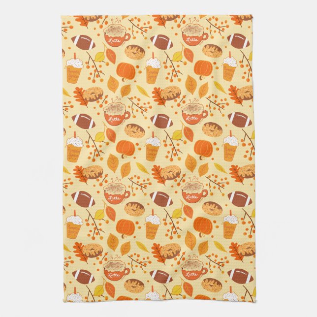 Fall Leaves Football and Pumpkin Spice Pattern Tea Towel (Vertical)