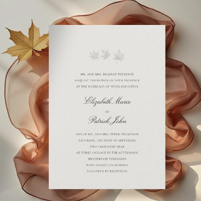Fall Leaves Formal Modern Classic Ecru Wedding Invitation (fall leaves wedding invitation formal modern classic black tie autumn botanical elegant ecru beige)
