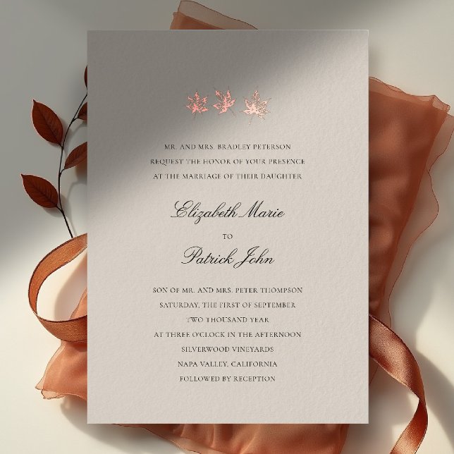 Fall Leaves Formal Modern Classic Wheat Wedding (fall leaves wedding invitation formal modern classic black tie autumn botanical elegant gold wheat
)
