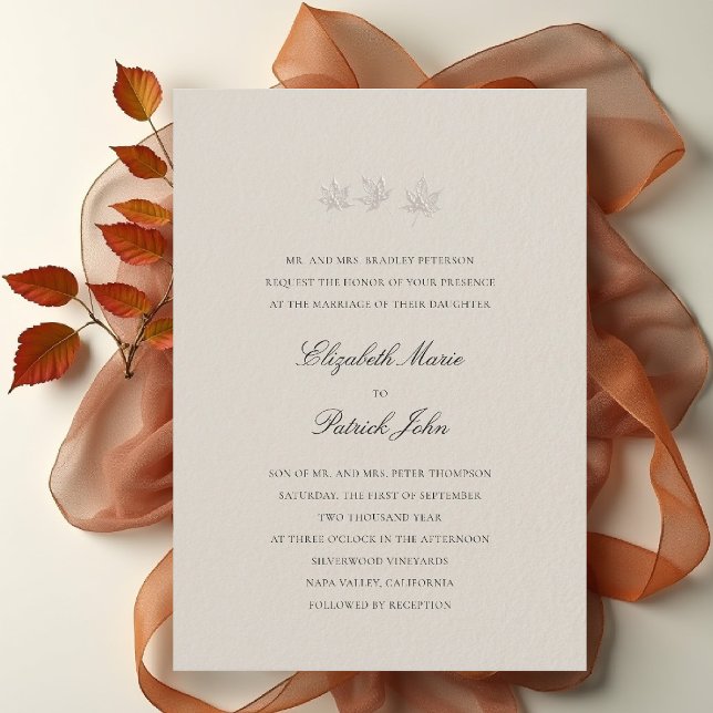 Fall Leaves Formal Modern Classic Wheat Wedding Invitation (fall leaves wedding invitation formal modern classic black tie autumn botanical elegant wheat beige)