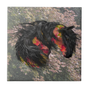Fall Leaves Friesian Horse Ceramic Tile