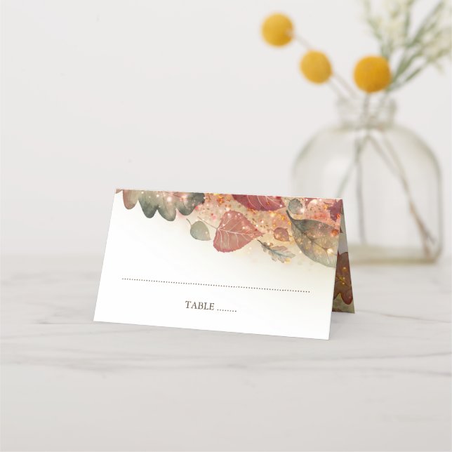 Fall Leaves Glitter White Elegant Place Card (Front)