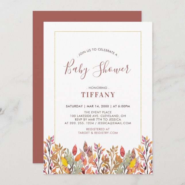 Fall Leaves & Gold Baby Shower, Baby Sprinkle Invitation (Front/Back)