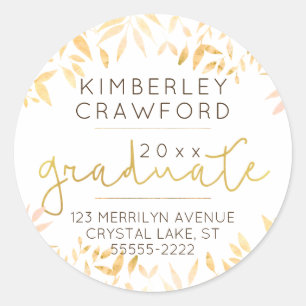 Fall Leaves & Gold Script Graduate Return Address Classic Round Sticker