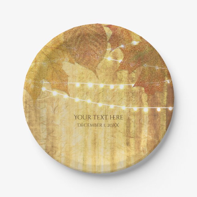 Fall Leaves Golden Autumn Rustic Woods Wedding Paper Plate (Front)