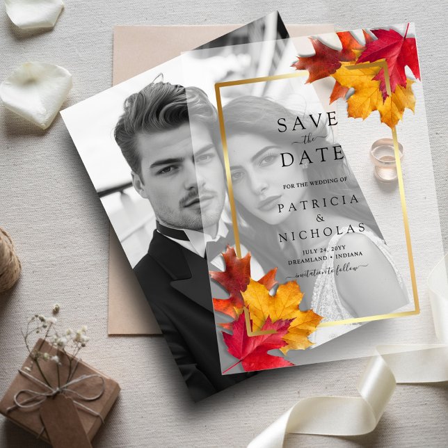 Fall Leaves Golden Frame Wedding Save the Date  Vellum Invitations (Creator Uploaded)