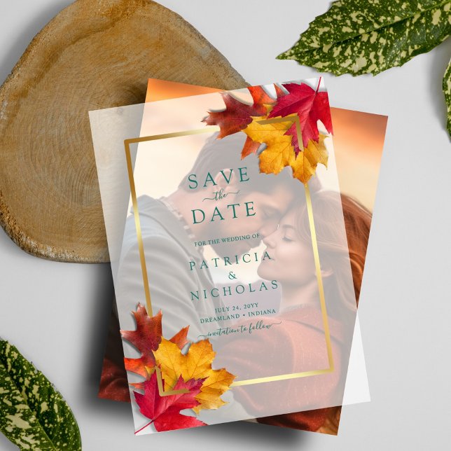 Fall Leaves Golden Frame Wedding Save the Date  Vellum Invitations (Creator Uploaded)