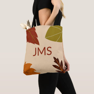 Fall Leaves Green Brown and Orange Monogram Tote Bag