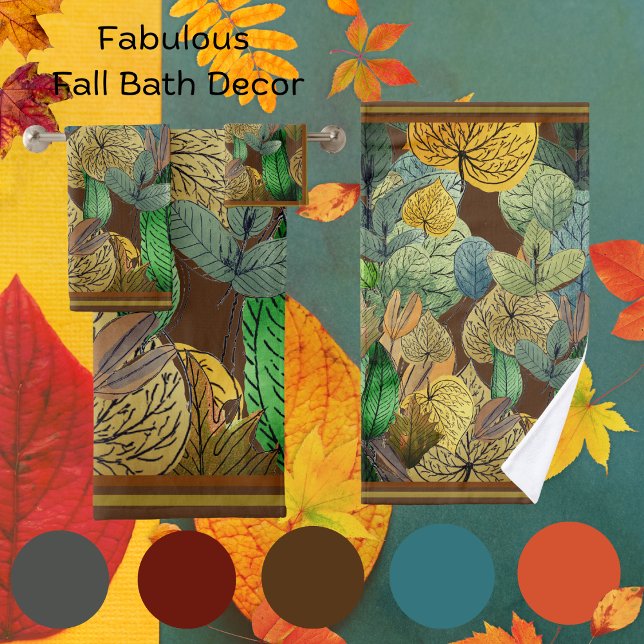 Fall Leaves Green, Brown, Rust, Chocolate Brown  Bath Towel Set (Creator Uploaded)