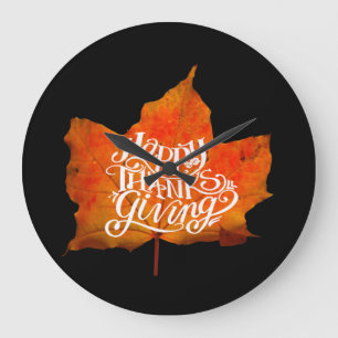 FALL LEAVES HAPPY THANKSGIVING DAY LARGE CLOCK