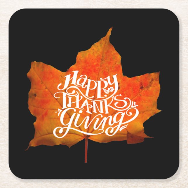 FALL LEAVES  HAPPY THANKSGIVING DAY SQUARE PAPER COASTER (Front)