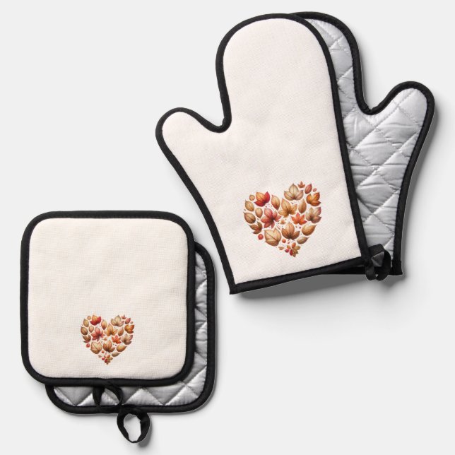 Fall Leaves Heart Shaped Oven Mitt & Pot Holder Set (Front/Back)
