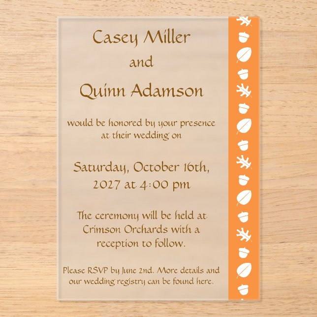 Fall Leaves in Orange Acrylic Wedding  Invitations (Front)