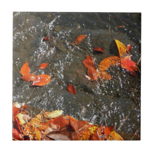Fall Leaves in Waterfall I Autumn Photography Ceramic Tile