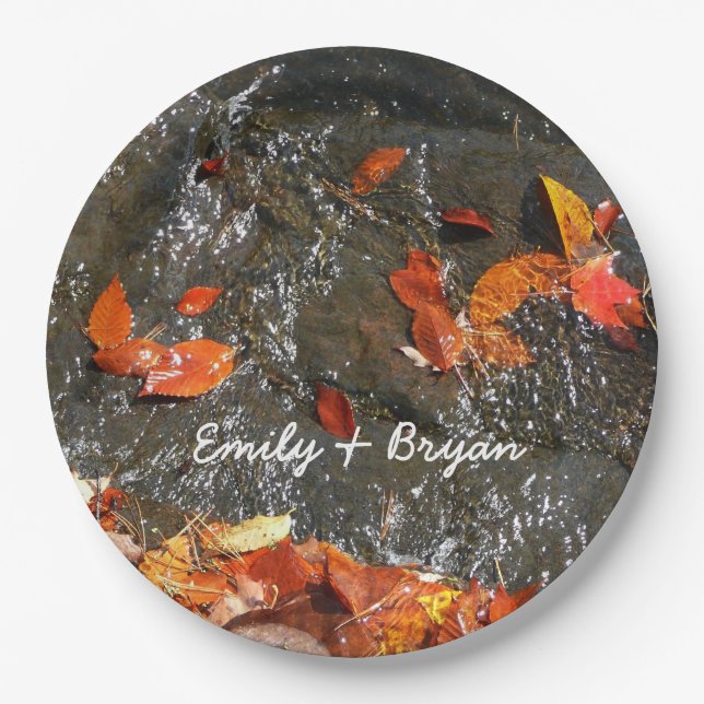 Fall Leaves in Waterfall I Autumn Photography Paper Plate (Front)
