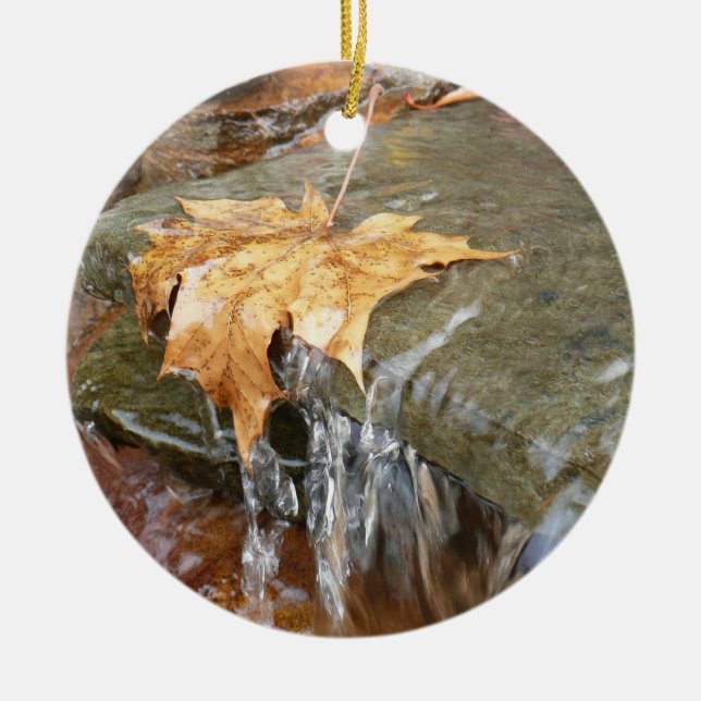 Fall Leaves in Waterfall II Autumn Photography Ceramic Ornament (Front)